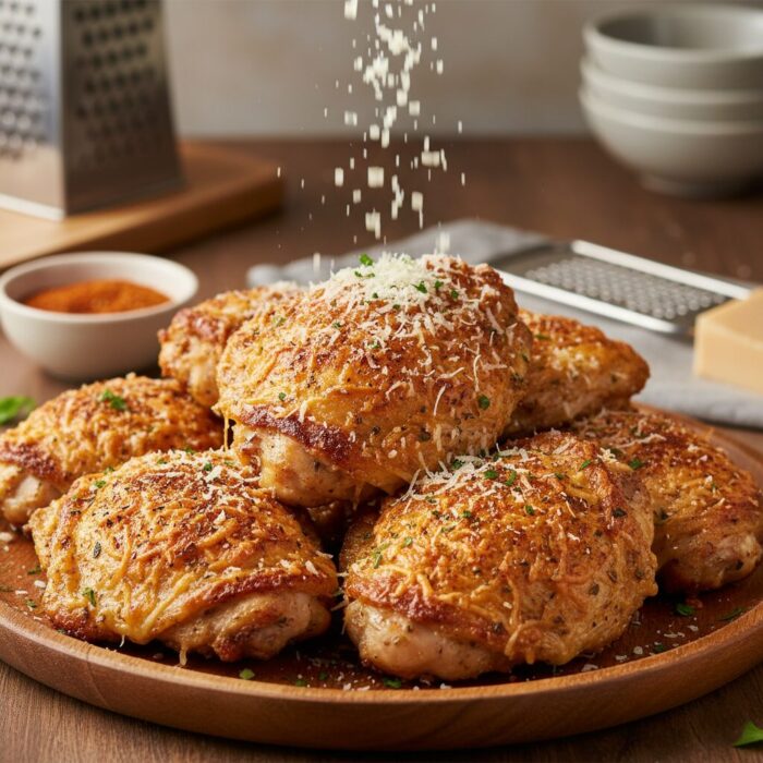 Freshly grated Parmesan cheese being sprinkled over golden-brown, crispy air fryer chicken thighs on a wooden serving platter.