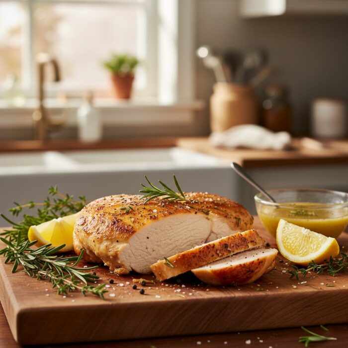 A sliced, succulent lemon-herb air fryer chicken breast resting on a wooden cutting board with fresh rosemary, thyme, and lemon wedges.