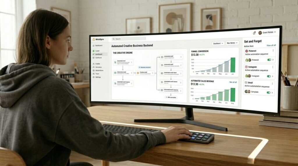 The creator manages an automated creative business backend on a single large monitor.