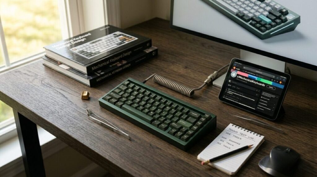 An overhead 16:9 view of a completed dark green 65% custom mechanical keyboard (image_12.png) connected via a coiled aviator cable to a small tablet displaying an interactive community forum (r/MechanicalKeyboards). The setup sits on the sunlit minimalist wooden desk of image_12.png, surrounded by a stack of high-end design books and a tiny brass artisan keycap (image_18.png).
