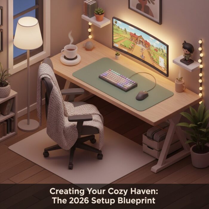 An isometric view of a warm, inviting gaming desk setup designed for comfort, featuring an ergonomic chair with a knitted throw, soft ambient lighting, a mug warmer, and a clean workspace, embodying the 2026 cozy gaming aesthetic.