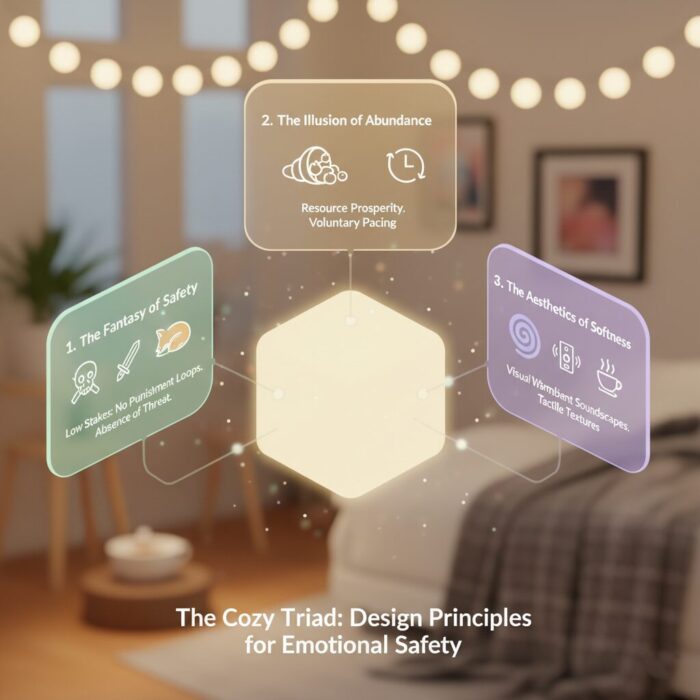 An infographic illustrating the three core design pillars of cozy gaming: The Fantasy of Safety, The Illusion of Abundance, and The Aesthetics of Softness, visualized as interconnected glowing nodes in a warm, comfortable room setting.