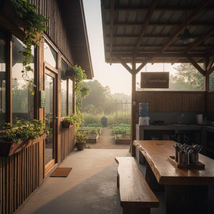 A rustic, open-air communal kitchen in an eco-hostel, featuring sustainable bamboo architecture and an EarthCheck certification sign, overlooking a lush garden.