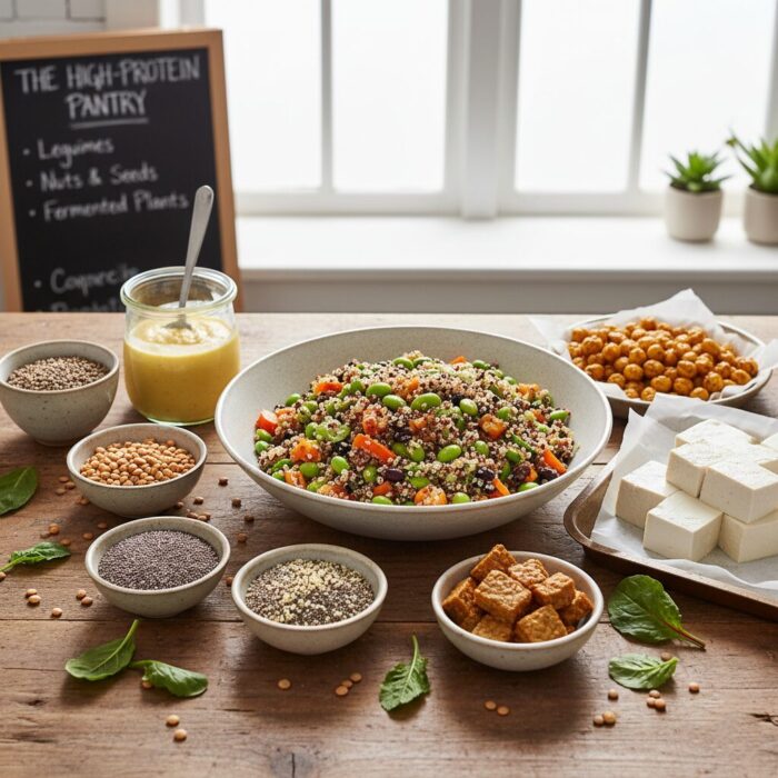 A rustic kitchen table showcasing a "High-Protein Pantry" with bowls of lentils, seeds, chickpeas, cubed tofu, tempeh, and a large central bowl of mixed quinoa and edamame salad.