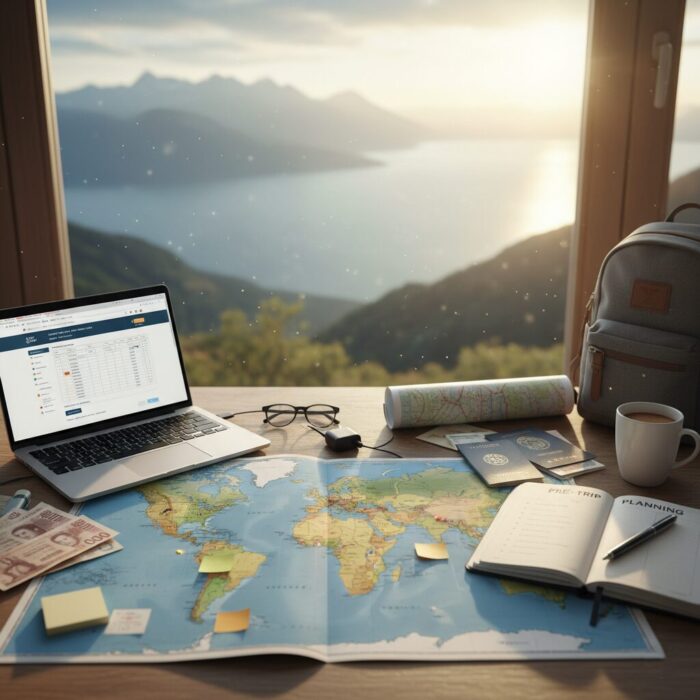 A desk overlooking a mountain lake scene, featuring a laptop, world map, open notebook labeled "Pre-Trip Planning," passport, and travel backpack.