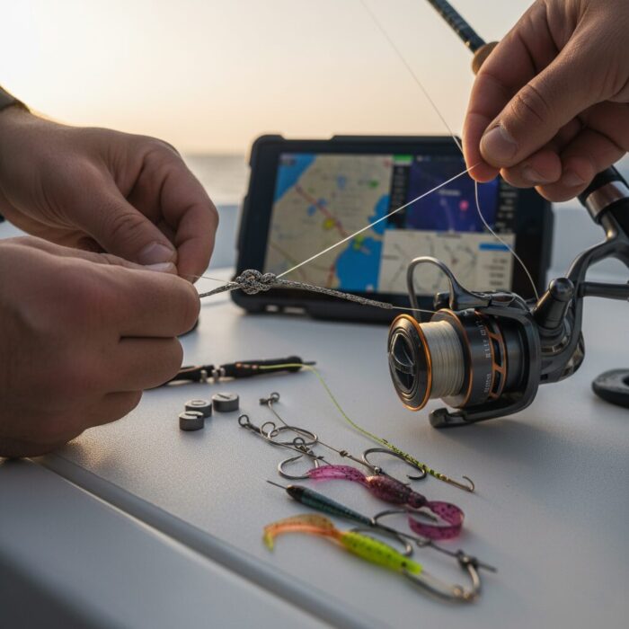 Close-up of an angler tying a braid-to-leader knot on a fishing reel, with lead-free lures and a digital navigation tablet in the background.