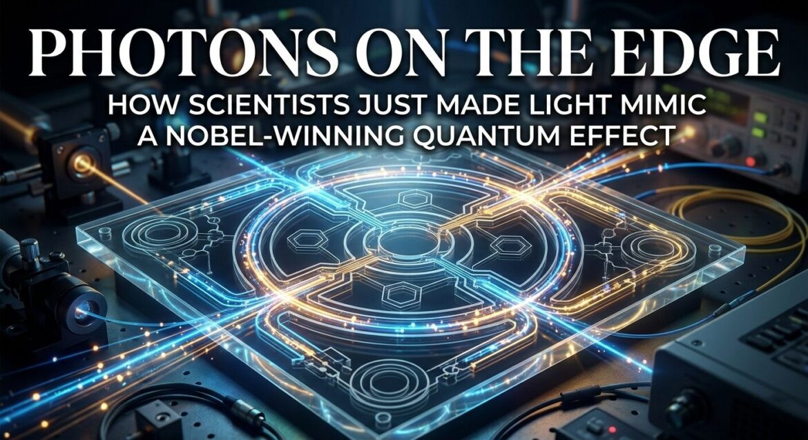 A panoramic visualization set in a dark optics lab, showing a green laser beam forced into a 'sideways drift' of quantized steps, mimicking the Quantum Hall Effect. An infographic compares the electron effect with topological photonics showing 'Defect Immunity Detected' in a crushed cable, demonstrating a Photonic Chern Insulator with 100% signal integrity for future quantum computing.