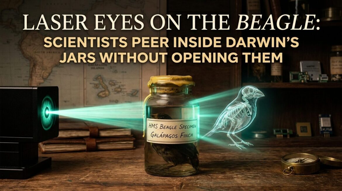 A first-person perspective photo of a hand in a protective glove holding a sealed 19th-century specimen jar containing a Galápagos fish. A green laser beam strikes the glass, projecting a holographic spectral graph that identifies 'ETHANOL', 'ARSENIC', and 'MERCURIC CHLORIDE'. Text confirms 'SORS TECHNOLOGY' and 'NON-INVASIVE MUSEOLOGY.' The background shows museum shelves and a screen reflecting the 'GLOBAL PULSE: CONNECTED.' C2PA authenticated.