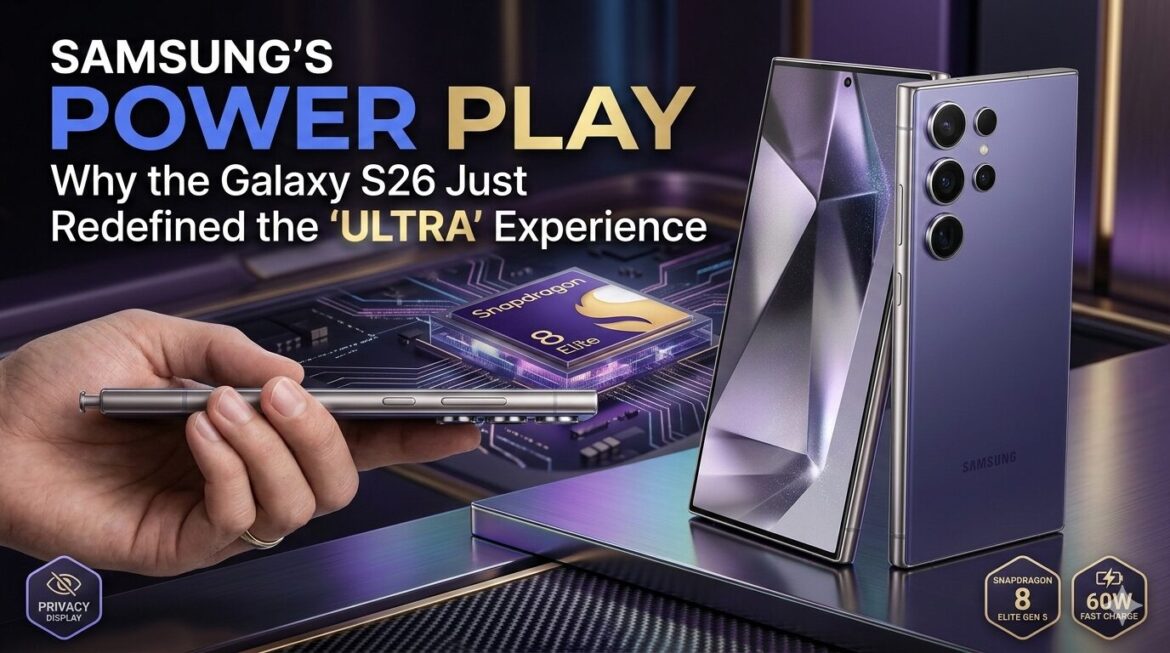 A first-person perspective photo looking down as a user holds the Titanium Gray Galaxy S26 Ultra at MWC Barcelona. Holographic data projections rise from the active screen, visualizing the '45 TOPS NPU: AGENTIC AI CORE' and the '24GB LPDDR6 RAM MODULE: STANDARD'. Text readouts confirm 'TOTAL ON-DEVICE INFERENCE' and 'PRIVACY DIVIDEND: NO CLOUD REQUIRED', with a partial 'MWC' sign visible in the twilight Barcelona background. C2PA authenticated.