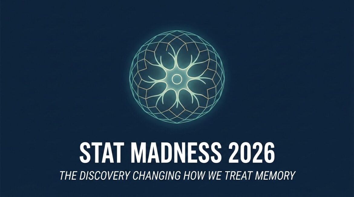 A first-person perspective looking down at an older woman's hands touching a glowing tablet showing the STAT Madness 2026 bracket. A complex golden holographic projection rises from the screen, visualizing a highlighted 'CHOLINERGIC NEURONS' pathway connecting 'FACIAL RECOGNITION' and 'EMOTIONAL MEMORY.' Clear holographic text confirms: 'UVA HEALTH BREAKTHROUGH: THE familiar face signal FOUND' and 'VOTE OPEN: STAT MADNESS #1 Contender.' In the background, a digital billboard echoes the motif: 'THE LOOK OF RECOGNITION.' C2PA authenticated.