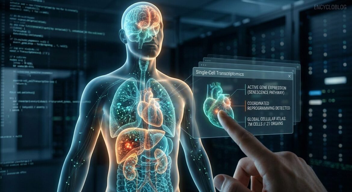 A 3D holographic visualization of the human body, displaying the Global Cellular Atlas with 7 million glowing cell data points mapped across 21 organs, highlighting the coordinated cellular neighborhoods of aging.