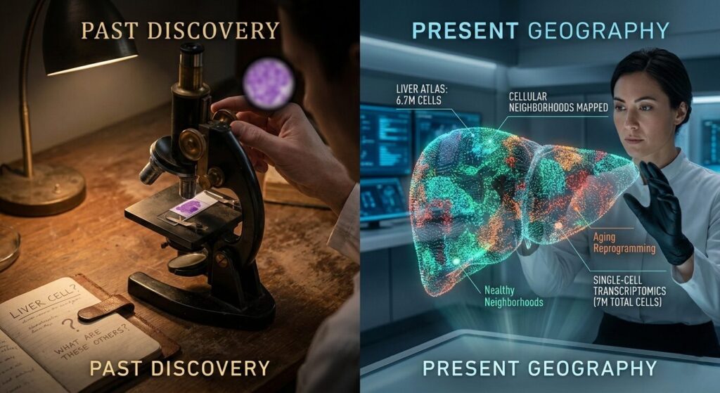 A split-screen comparison showing a vintage optical microscope viewing a blurry purple stain on the left, contrasted with a futuristic scientist interacting with a glowing 3D holographic projection of the Global Cellular Atlas, mapping cellular neighborhoods of aging, on the right.
