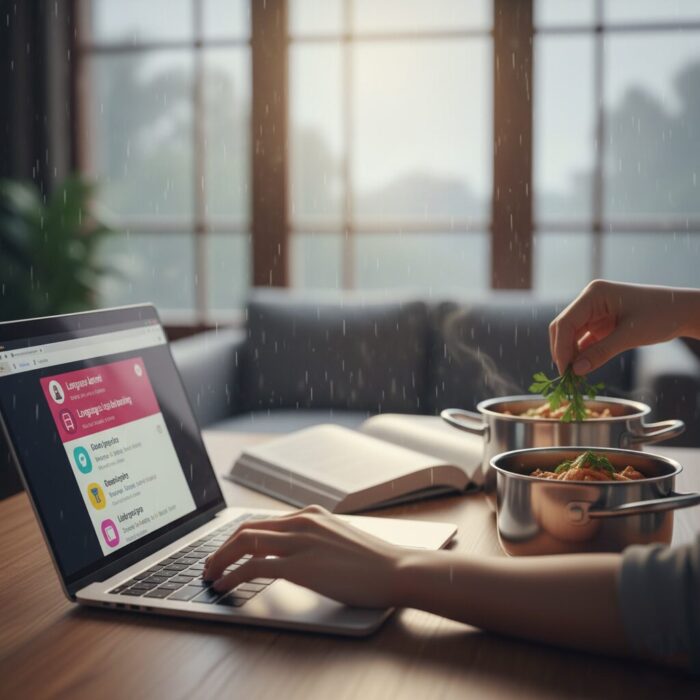 A person using a laptop to study a new skill while simultaneously cooking a hot meal in their kitchen on a rainy day.