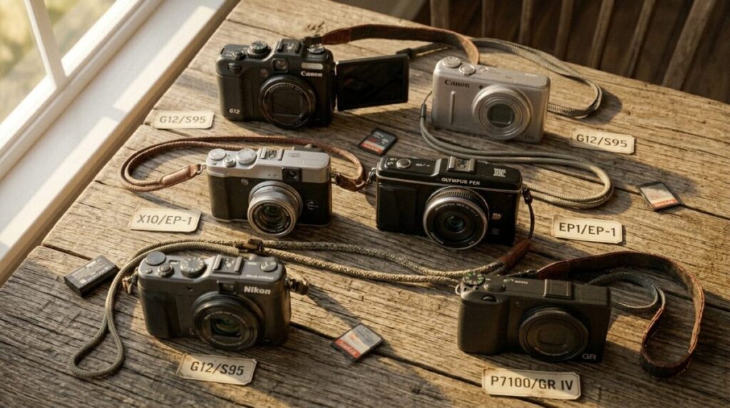 A focused high-angle, detailed 16:9 flat lay photograph captured on the rustic, weathered oak wooden table seen in image_24.png and image_26.png. This curated 'lineup' features three legendary 2010s digital camera families, arranged neatly and sequentially from top to bottom. At the top: a clean black Canon PowerShot G12 and the silver Canon S95 (like in image_26.png). Below them: a vintage silver Fujifilm X10 and a classic black Olympus PEN E-P1 (Micro Four Thirds). At the bottom: a dark grey Nikon Coolpix P7100 and a compact black Ricoh GR Digital IV. Each camera is meticulously clean, showing gentle, authentic wear. Worn braided camera straps (leather and canvas) are intertwined between the rows. The warm, soft late-afternoon sunlight from the left window (matching image_26.png and image_28.png) highlights the diverse metal, plastic, and glass textures. Scattered near the cameras are the single SD cards and batteries from image_24.png. The depth of field is shallow, rendering the wooden background and the edges softly blurred, drawing focus to the hardware, maintaining the film grain and color consistency of the previous images.