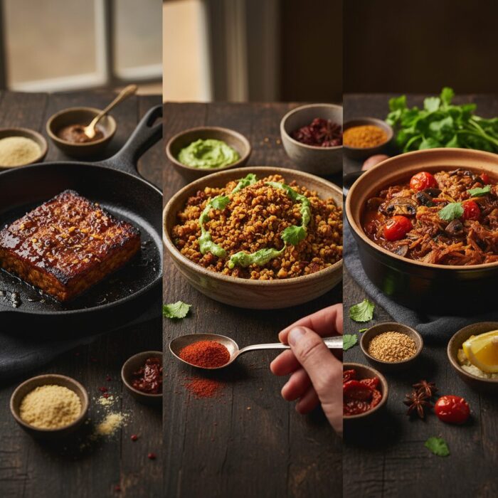 A collage of three culinary techniques for plant-based protein: searing a block of tempeh in a cast-iron skillet, crumbling ingredients for a savory taco filling, and slow-cooking a rich, umami-packed mushroom and tomato stew.
