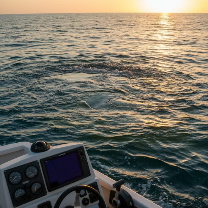 A first-person perspective from the helm of a fishing boat at sunset, looking out over the ocean. The water shows distinct ripples and a surface disturbance indicating a school of bait fish, capturing the focus required to track tides and locate predators.