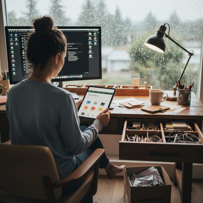 A person sitting at a tidy wooden desk, using a tablet to organize digital files while simultaneously sorting through desk drawers and a donation box on a rainy afternoon.