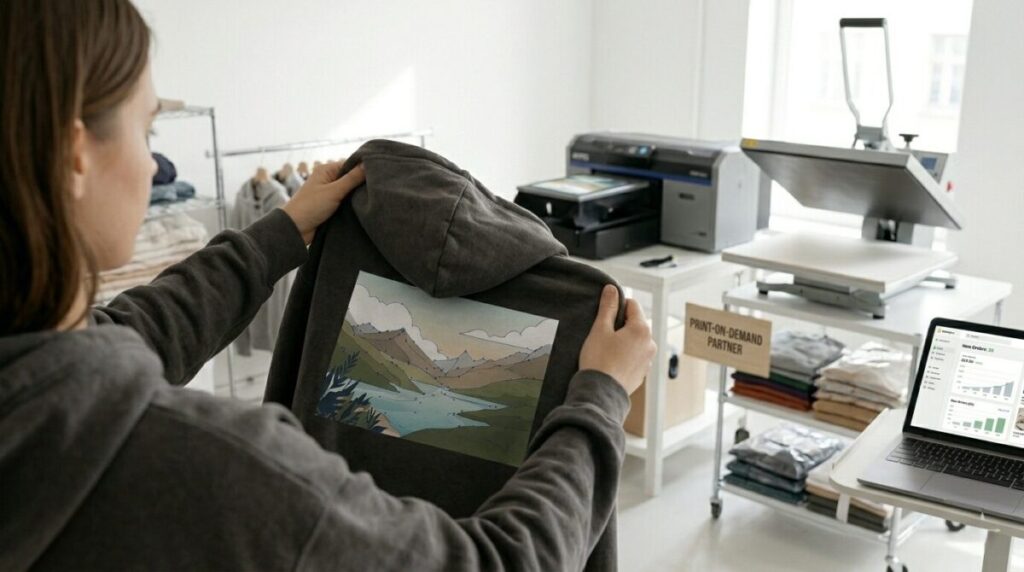 A custom-designed hoodie with the 'Ethereal Fox' print is presented in a production studio