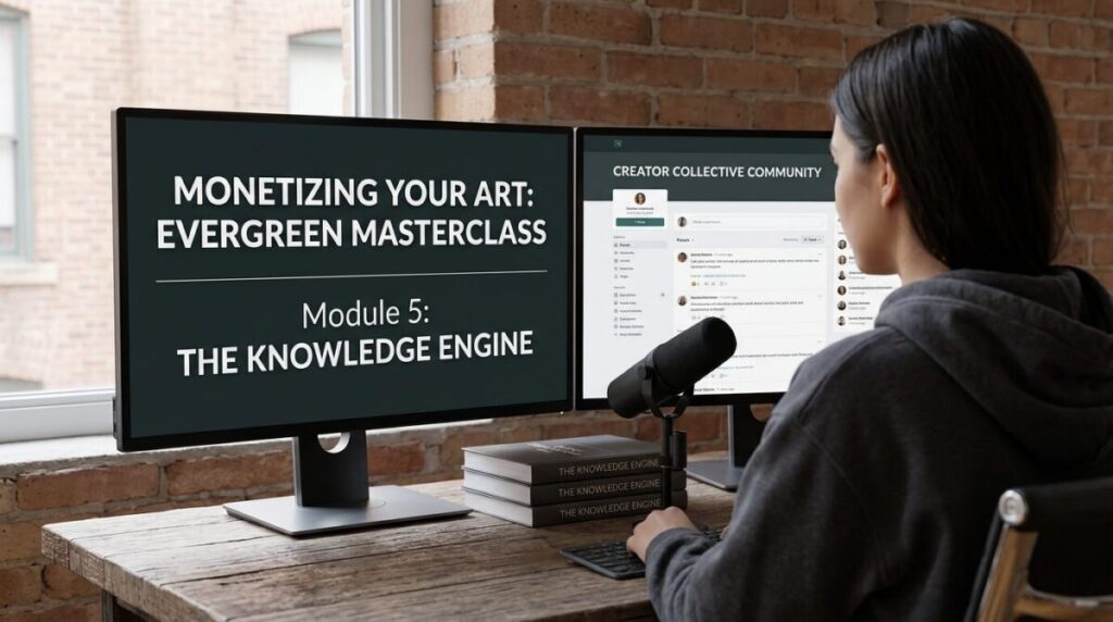 A photorealistic, over-the-shoulder shot of a female creator in a charcoal-grey hoodie working at a wooden desk in a minimalist studio with a brick wall. Two computer monitors are the focus: the left screen displays a digital course titled "MONETIZING YOUR ART: EVERGREEN MASTERCLASS" with "Module 5: THE KNOWLEDGE ENGINE" in bold text. The right screen shows a "CREATOR COLLECTIVE COMMUNITY" forum. A professional black microphone and a stack of three black books titled "THE KNOWLEDGE ENGINE" are on the desk, with soft natural light coming from a window.