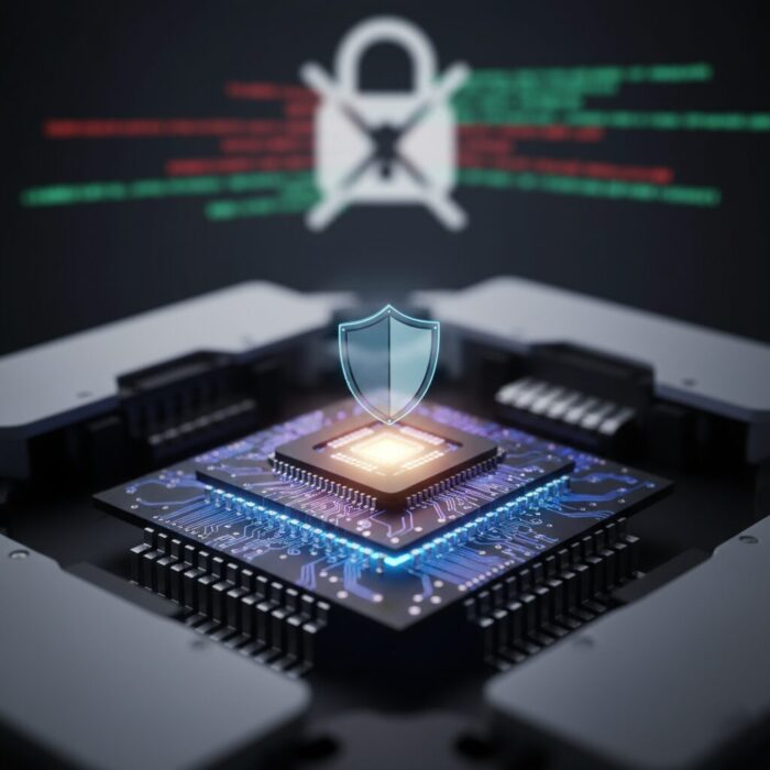 A close-up of a high-tech AI processor chip featuring a digital shield icon, representing secure edge-processed data.