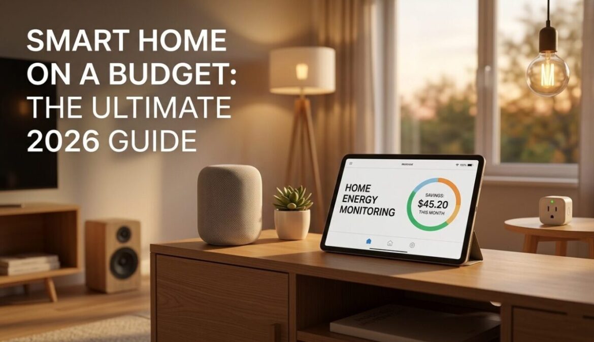 A cozy, modern living room at golden hour, featuring integrated smart technology: a smart speaker/hub sits on a console, a tablet displays energy monitoring savings, and smart bulbs cast a warm glow. The entire scene is approachable and highlights budget-friendly design.