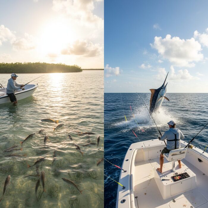 A split-screen image showing inshore flats fishing with schools of redfish on the left and an offshore angler battling a jumping marlin on the right.