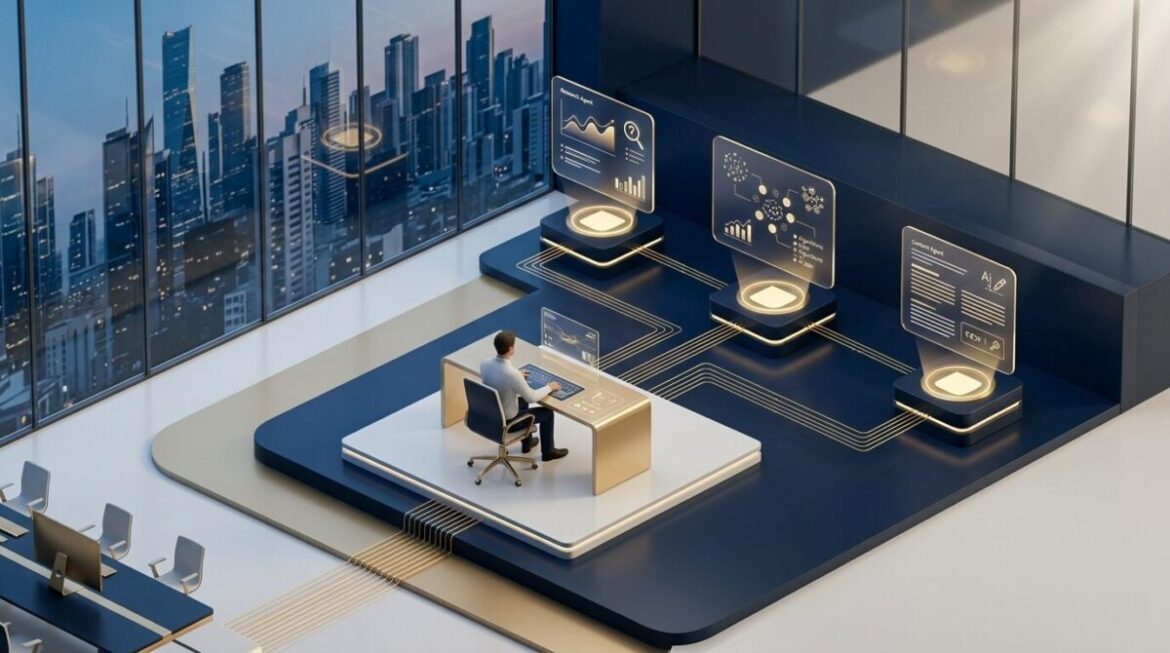 A high-end 3D isometric visualization of a hybrid intelligence team structure, showing a human conductor orchestrating glowing holographic AI agent nodes in a modern remote agency setting.