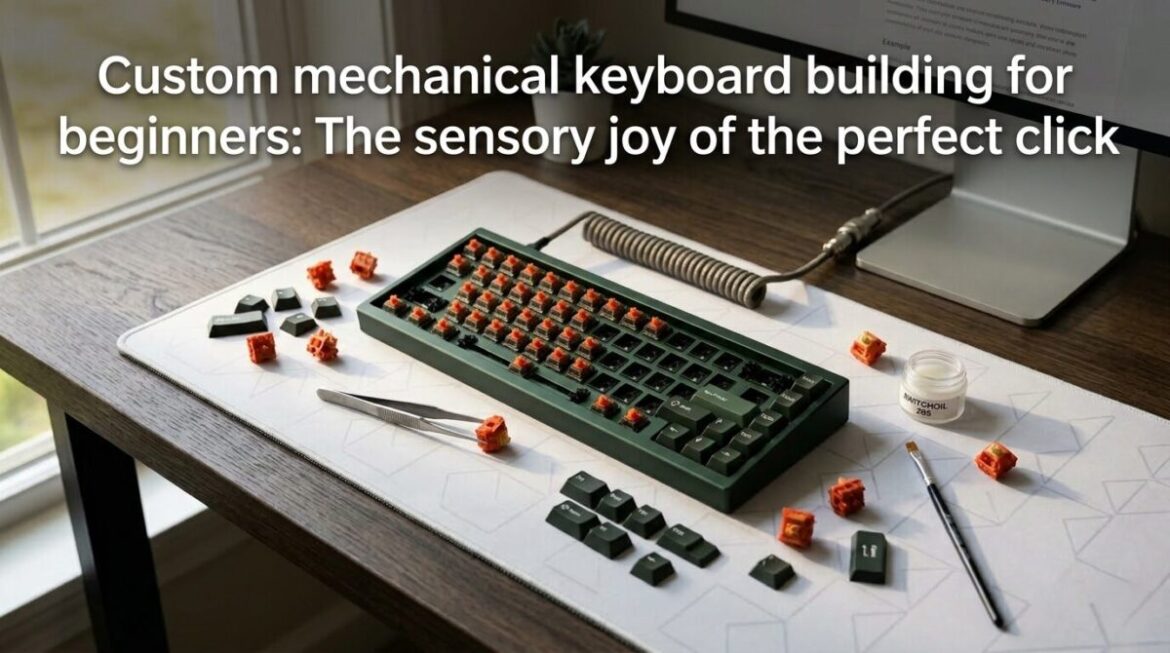 Titled custom mechanical keyboard building for beginners on a minimalist wooden desk with scattered orange switches and tools