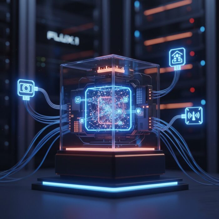 A conceptual digital nervous system showing a central AI hub connected to smart home sensors and robotics via glowing data lines.