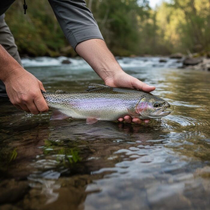 A close-up, respectful shot of an angler's hands gently cradling a healthy rainbow trout in clear, flowing river water, preparing to release it back into the stream to preserve the fishery for the future.