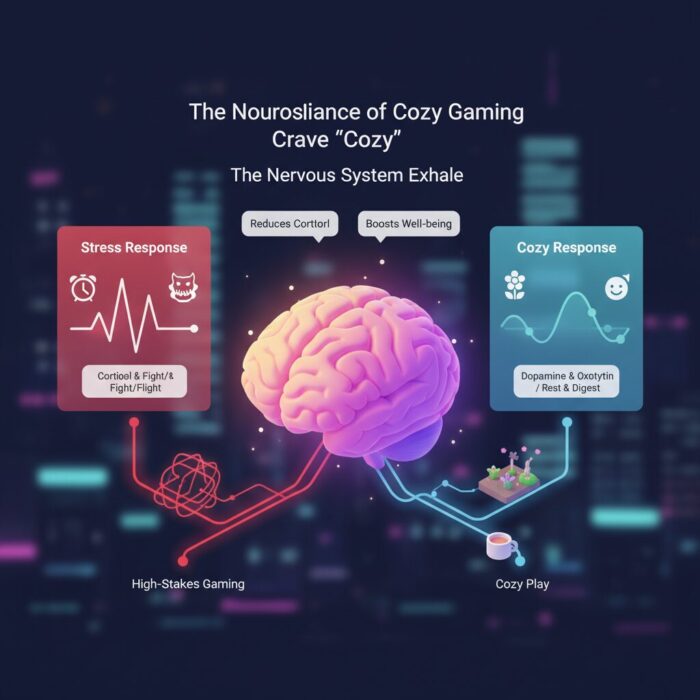 A neurological diagram comparing "High-Stakes Gaming" (represented by a chaotic red path linked to a "Stress Response" box) and "Cozy Play" (represented by a calm blue path linked to a "Cozy Response" box and a glowing brain), illustrating how low-stakes gaming reduces cortisol and promotes well-being.