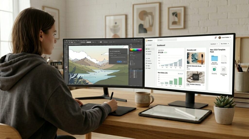 Dual-monitor setup showing creative work and marketplace analytics