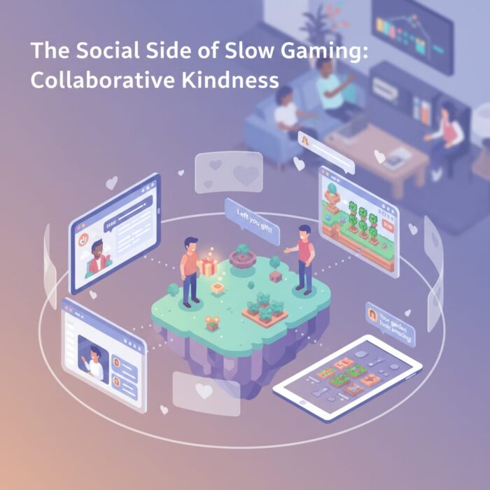 An isometric, stylized illustration showing a friendly virtual space where diverse avatars are interacting, exchanging gifts, and communicating via chat bubbles, highlighting the supportive and collaborative nature of cozy gaming communities.