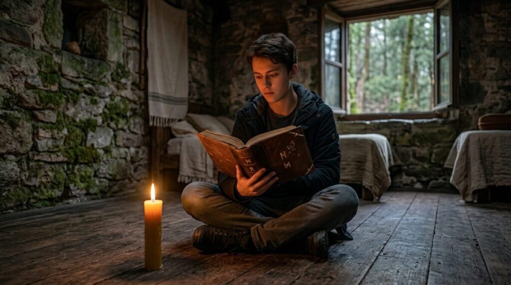A young woman sits cross-legged in a simple, candlelit sanctuary, holding a physical, leather-bound book during an analog pause, free from digital light.