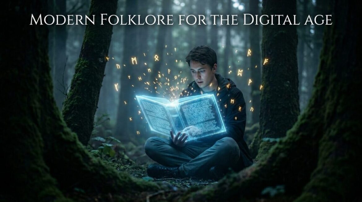 A person in a misty forest illuminated by a magical, glowing holographic book, symbolizing digital mythology.