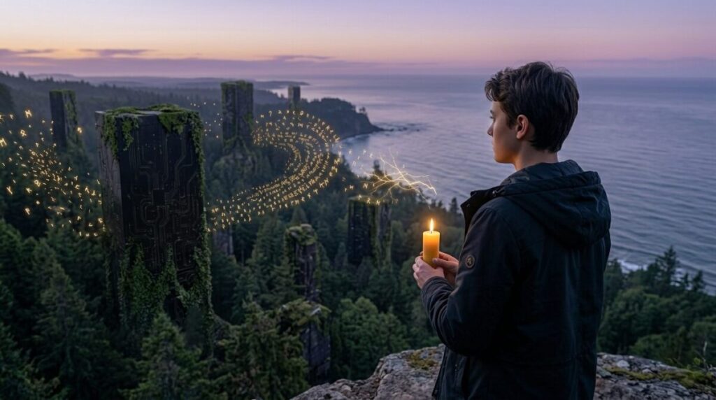A young woman stands at a cliff edge at twilight, holding a candle and looking over a vast landscape with ancient forest and sacred, overgrown server monolith ruins, all integrated with microscopic golden recursive runes and branching neural light structures