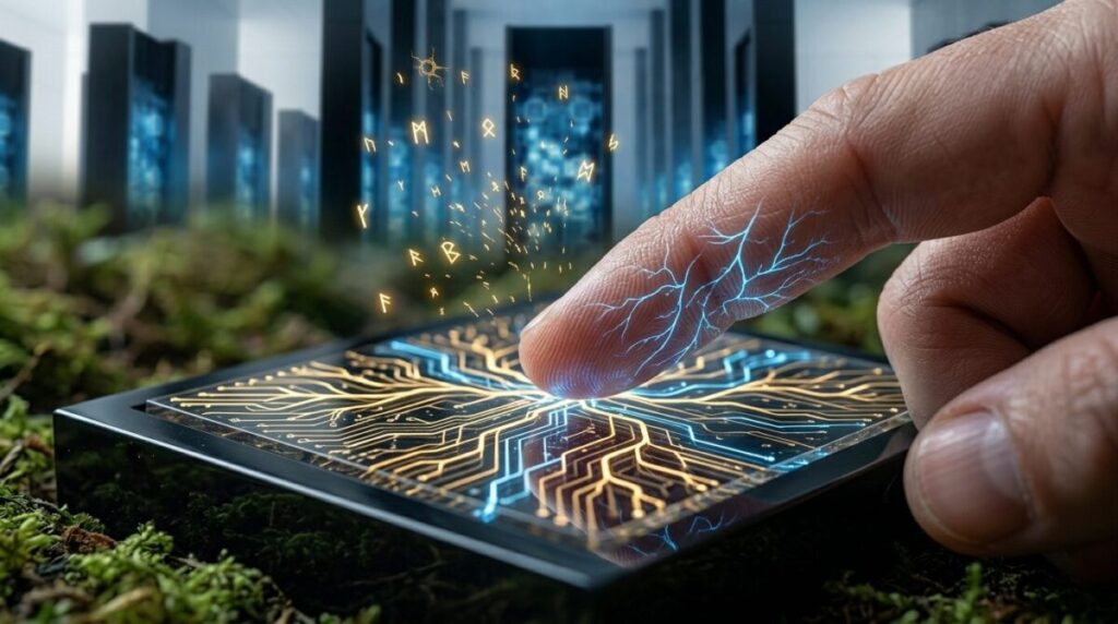 A detailed macro photo showing a fingertip developing neural pathways that connect to a glowing circuit interface in an obsidian plinth, representing biological myth processing.