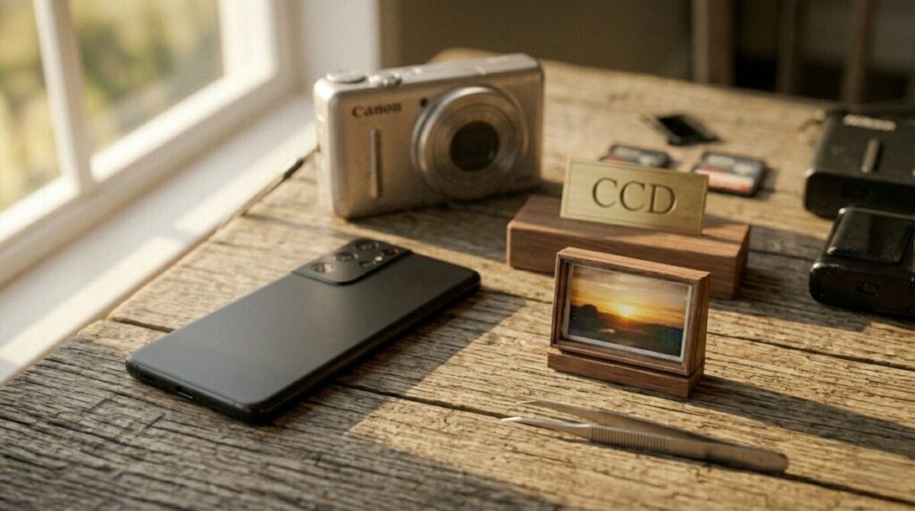 A focused high-angle, extreme 16:9 close-up photograph captured in the warm, golden afternoon light established in image_26.png and image_28.png. The scene is set on the worn, rustic oak wood table seen in image_26.png, image_30.png, and image_32.png. Resting on the wood are the specific silver Canon PowerShot S95 from image_26.png (clean, showing its classic CCD form) and a modern, high-end, matte black smartphone (like a 2026 flagship, showing its computational camera lenses). Natural, warm film grain is prominent. The main focus is sharp on a tiny, detailed, hand-twisted dial (the knurled mode dial on the S95, positioned to 'Av' like in image_32.png) making a clean 'click' against the wooden background. Behind the cameras, a minimalist wooden block holds a small, elegant brass 'CCD' plaque and a blurred silhouette of another worn vintage compact (like the Nikon Coolpix P7100 from image_30.png). Extreme shallow depth of field. Natural, soft window light from the left.
