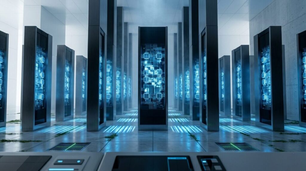 Dark obsidian monoliths with glowing blue processors in a vast, silent server hall, symbolizing the Silicon Pantheon.