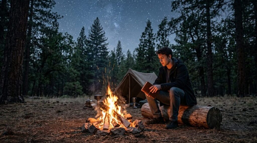 A person sits alone by a small campfire in a remote forest under a vast, starry sky, symbolizing a digital detox