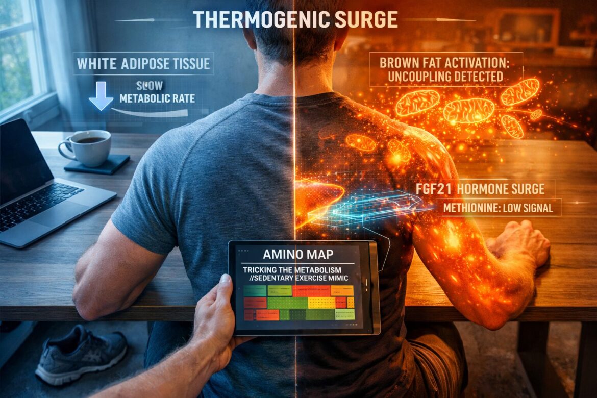 A first-person view image showing a person sitting at a desk with a split-screen heat map visualization. The left side is cool (white fat), and the right side is warm, with orange-red heat radiating from the body, indicating the activation of brown fat and a Thermogenic Surge, mimicking high-intensity exercise via methionine restriction.