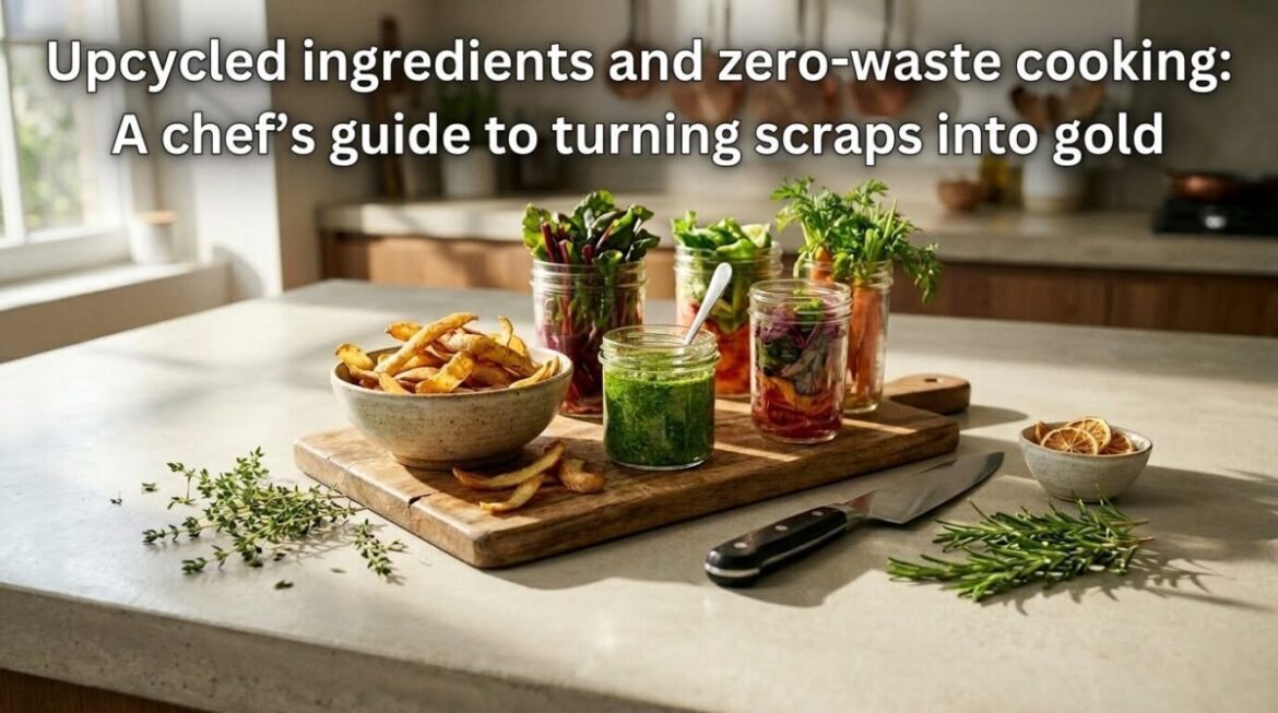 Professional chef's kitchen featuring upcycled food scraps and zero-waste snacks, with the article title overlaid in white text.