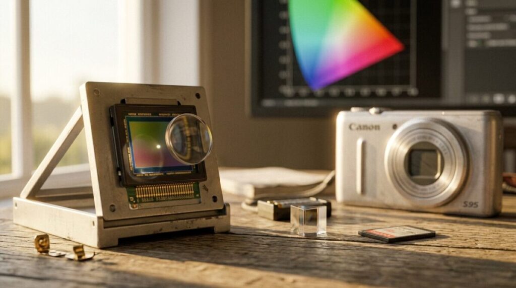 A focused high-resolution macro photograph captured in the warm, golden afternoon light established in image_24.png and image_26.png. The scene is a minimalist wooden laboratory bench, where a vintage 2010s CCD sensor (like from the Canon S95 in image_26.png, with its thick color filter array and delicate gold contacts) is mounted in a simple, open, retro tester jig. Natural sunlight from the window illuminates it, and a fine, hand-adjusted glass lens element focuses a tiny point of light onto the silicon, creating the characteristic soft 'CCD glow' and soft highlight roll-off discussed in the text. Tiny, worn tools rest near it. The background on the right is softly blurred, showing the vintage Canon S95 body from image_26.png and a blurred monitor displaying a color gamut diagram. Extreme shallow depth of field. Natural film grain.