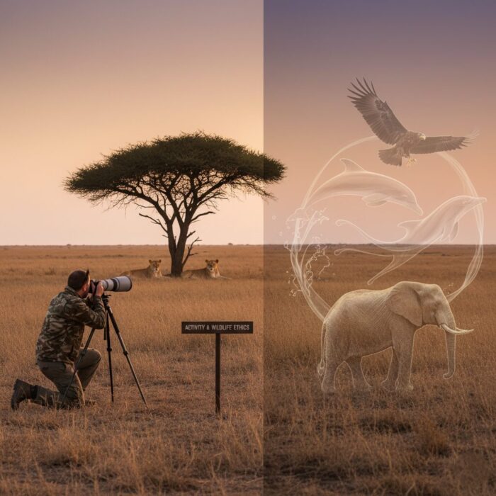 A split-composition image illustrating wildlife ethics. On the left, a professional wildlife photographer kneels in the savannah at golden hour, using a long telephoto lens to photograph two lions resting under an acacia tree from a respectful distance. A small sign reads "Activity & Wildlife Ethics." On the right, ethereal, semi-transparent outlines of an eagle, dolphins, and an elephant overlay the landscape, symbolizing the interconnectedness and value of the diverse animal kingdom being observed.