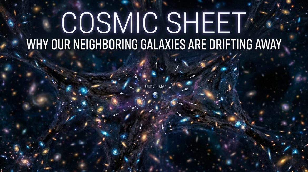 An archaeological-style cosmic diagram showing the Milky Way embedded in the horizontal blue filaments of the Large-Scale Structure, with arrows indicating the 'drift' of neighbor galaxies within this Cosmic Sheet, contrasting previous maps that could not explain the motion.