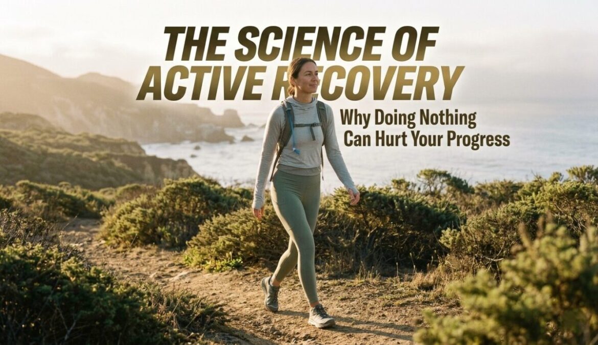 A woman practicing the science of active recovery by walking on a coastal trail at dawn to promote physiological repair. The title 'THE SCIENCE OF ACTIVE RECOVERY' is visible on the image.