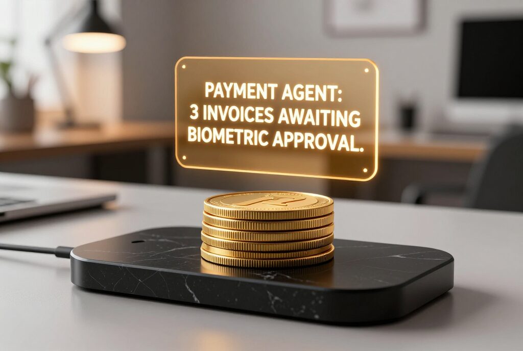Photorealistic 3D macro shot of gold tokens on a charger with an illuminated hologram that says 'PAYMENT AGENT: 3 INVOICES AWAITING BIOMETRIC APPROVAL'.