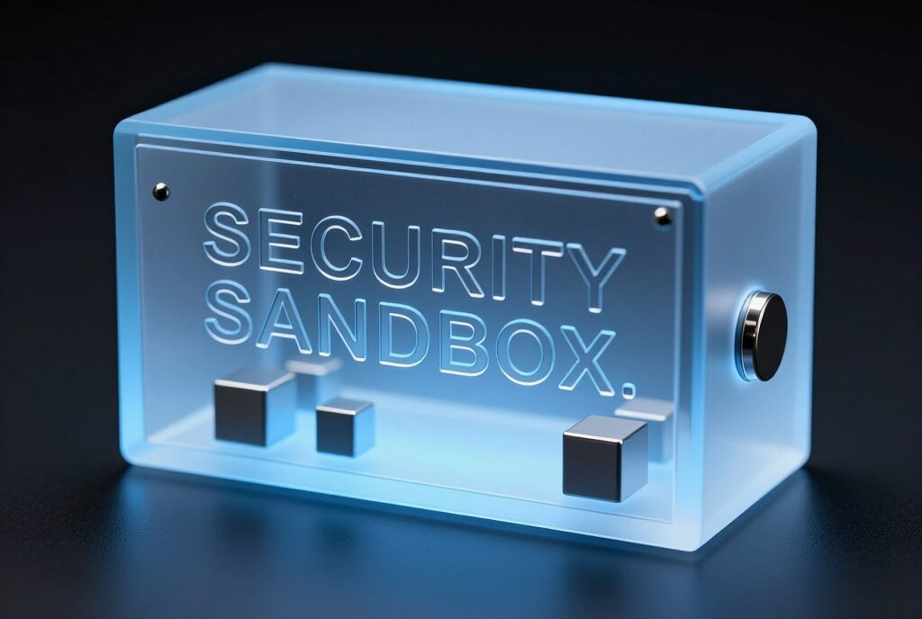 A close-up photorealistic 3D view of a frosted glass lockbox labeled SECURITY SANDBOX with inert metallic cubes inside, radiating blue light.