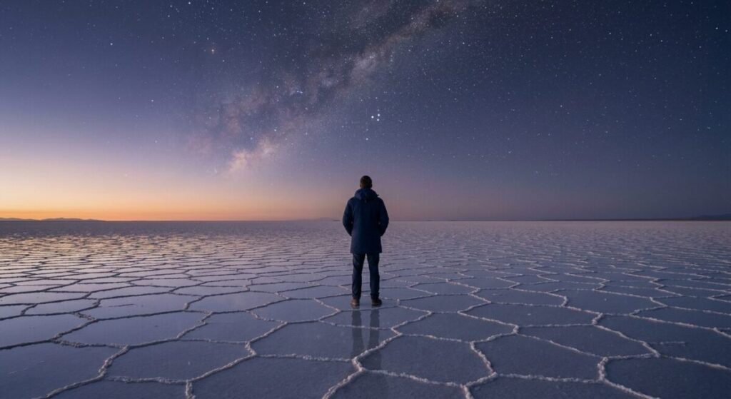 A wide-angle, cinematic 16:9 view of a lone traveler standing in the center of the vast, hexagonal salt crusts of the Atacama Desert at twilight. A brilliant Milky Way galaxy and constellations are visible in the deep purple and blue sky above, reflecting the absolute silence of the landscape.