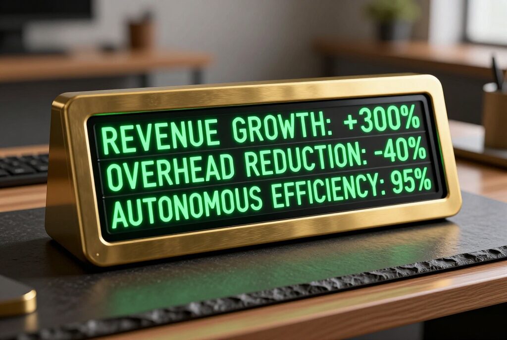 A close-up photorealistic 3D shot of a sleek metallic desk ticker displaying green LED text that reads 'REVENUE GROWTH: +300% | OVERHEAD REDUCTION: -40% | AUTONOMOUS EFFICIENCY: 95%'.